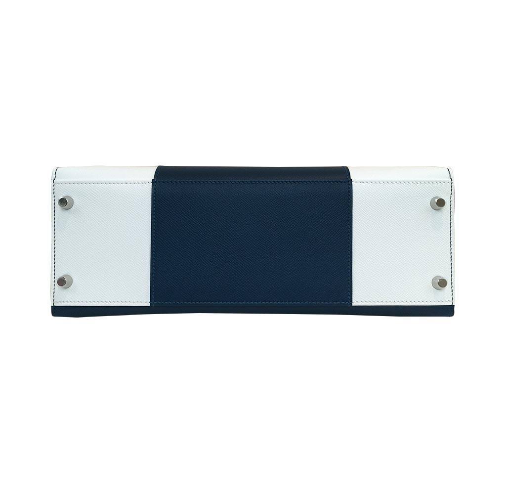 Hermes Kelly Flag Sellier 32 White Blue Thalassa Epsom Leather Palladium Hardware