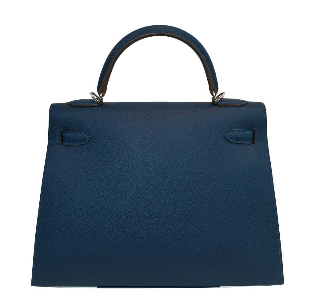 Hermes Kelly Flag Sellier 32 White Blue Thalassa Epsom Leather Palladium Hardware