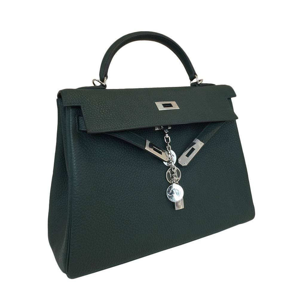 Hermes Kelly 32 Vert Anglais Togo Leather Palladium Hardware