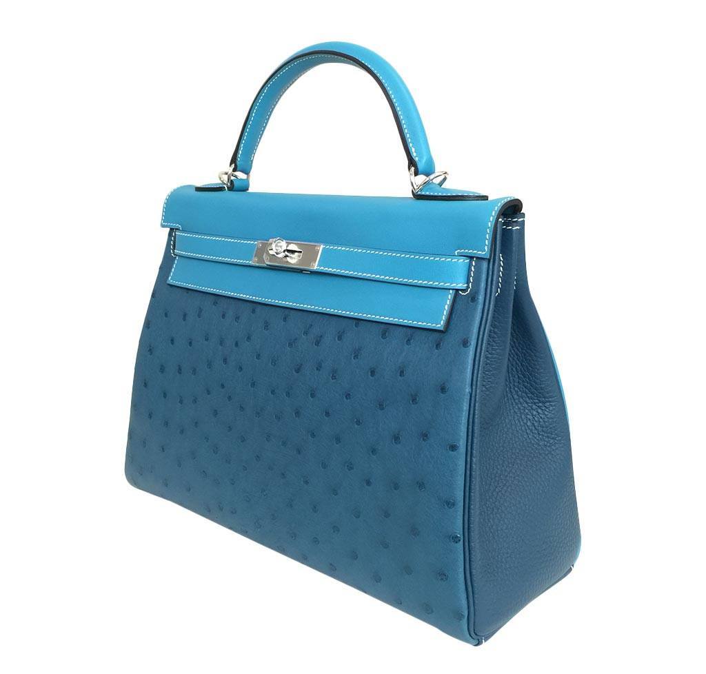 Hermes Kelly 32 Limited Edition Cobalt Blue Jean Colvert Multi Color Ostrich Swift Clemence Leather Palladium Hardware