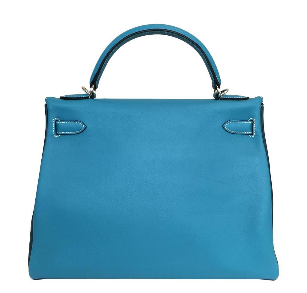 Hermes Kelly 32 Limited Edition Cobalt Blue Jean Colvert Multi Color Ostrich Swift Clemence Leather Palladium Hardware