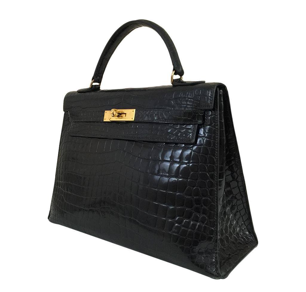 Hermes Kelly 32 Black Shiny Porosus Crocodile Gold Hardware Vintage
