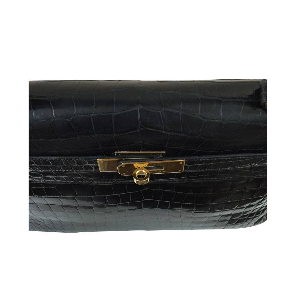 Hermes Kelly 32 Black Shiny Porosus Crocodile Gold Hardware Vintage