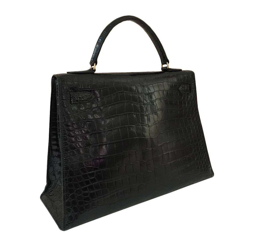 Hermes Kelly 32 Black Shiny Porosus Crocodile Gold Hardware Vintage
