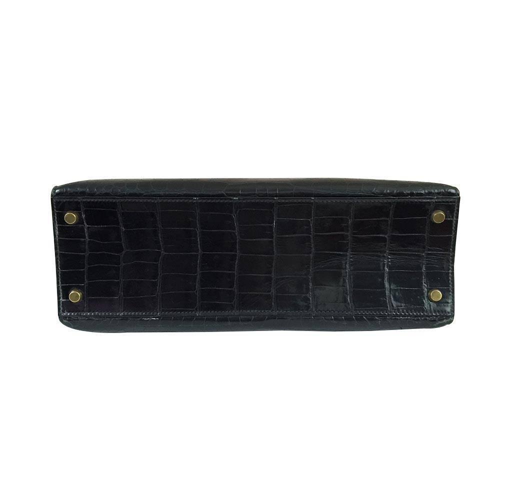 Hermes Kelly 32 Black Shiny Porosus Crocodile Gold Hardware Vintage