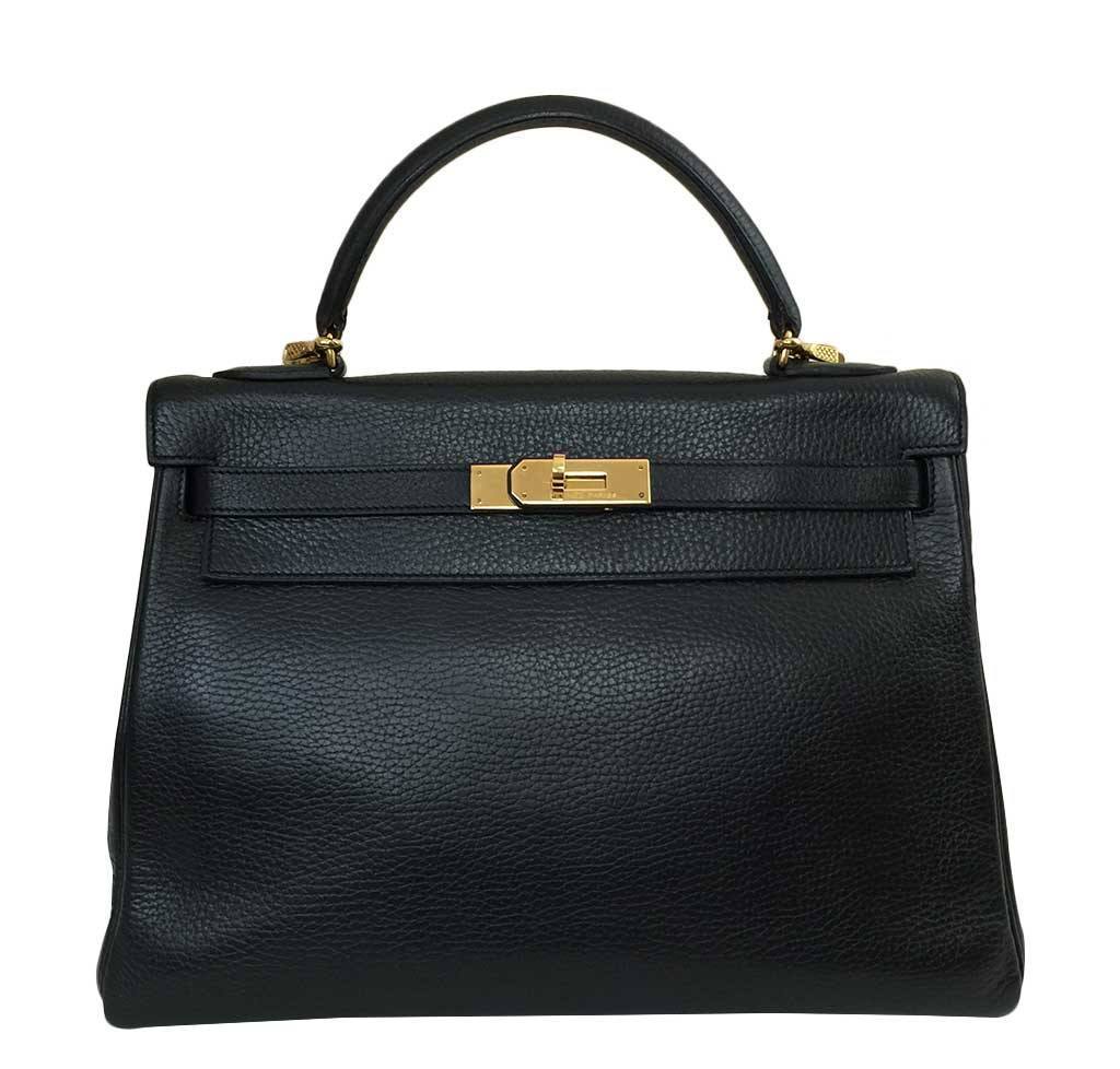 Hermes Kelly Retourne 32 Black Ardennes Leather Gold Hardware