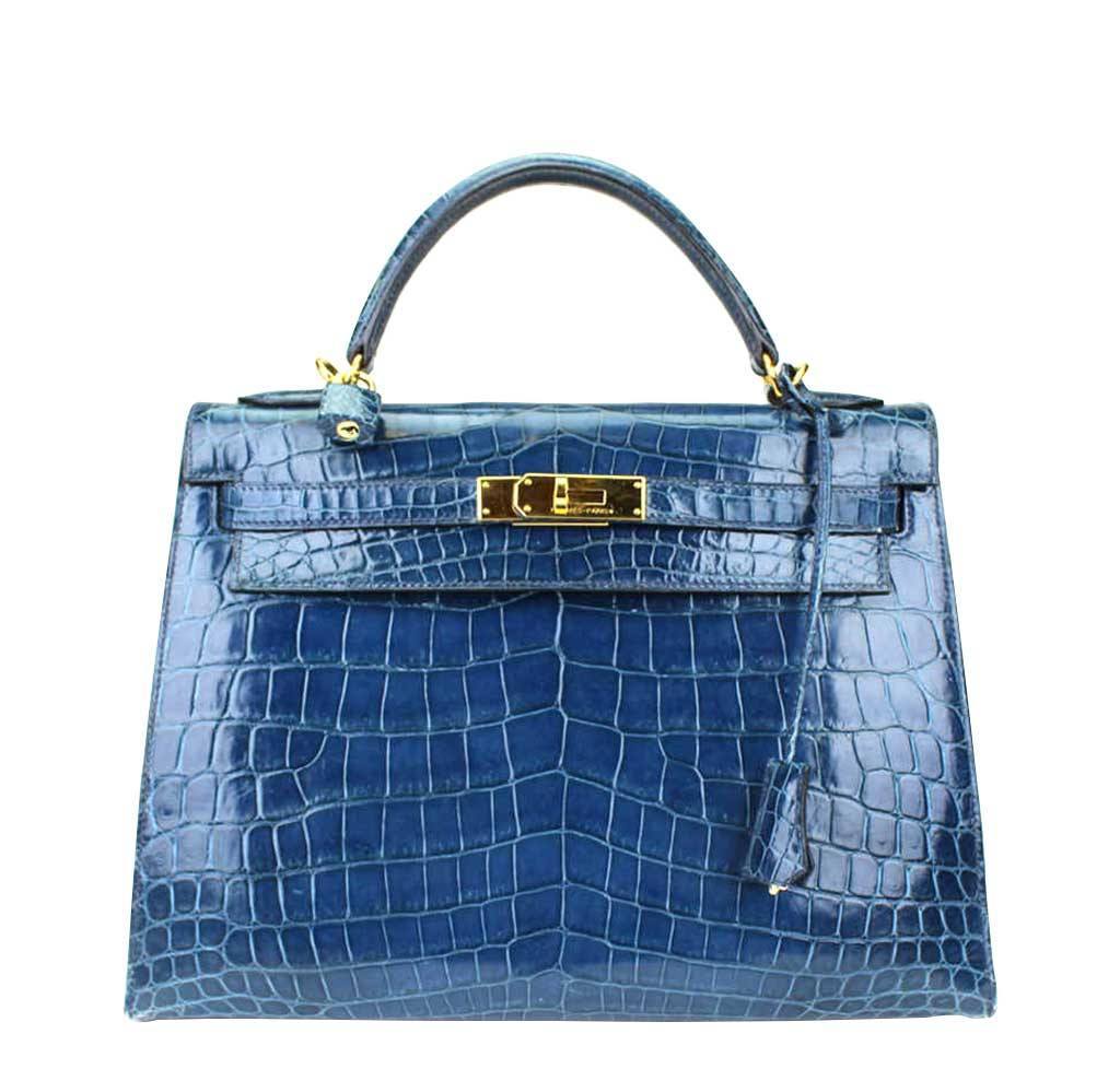 Hermes Kelly 32 Blue Roi Niloticus Crocodile Gold Hardware