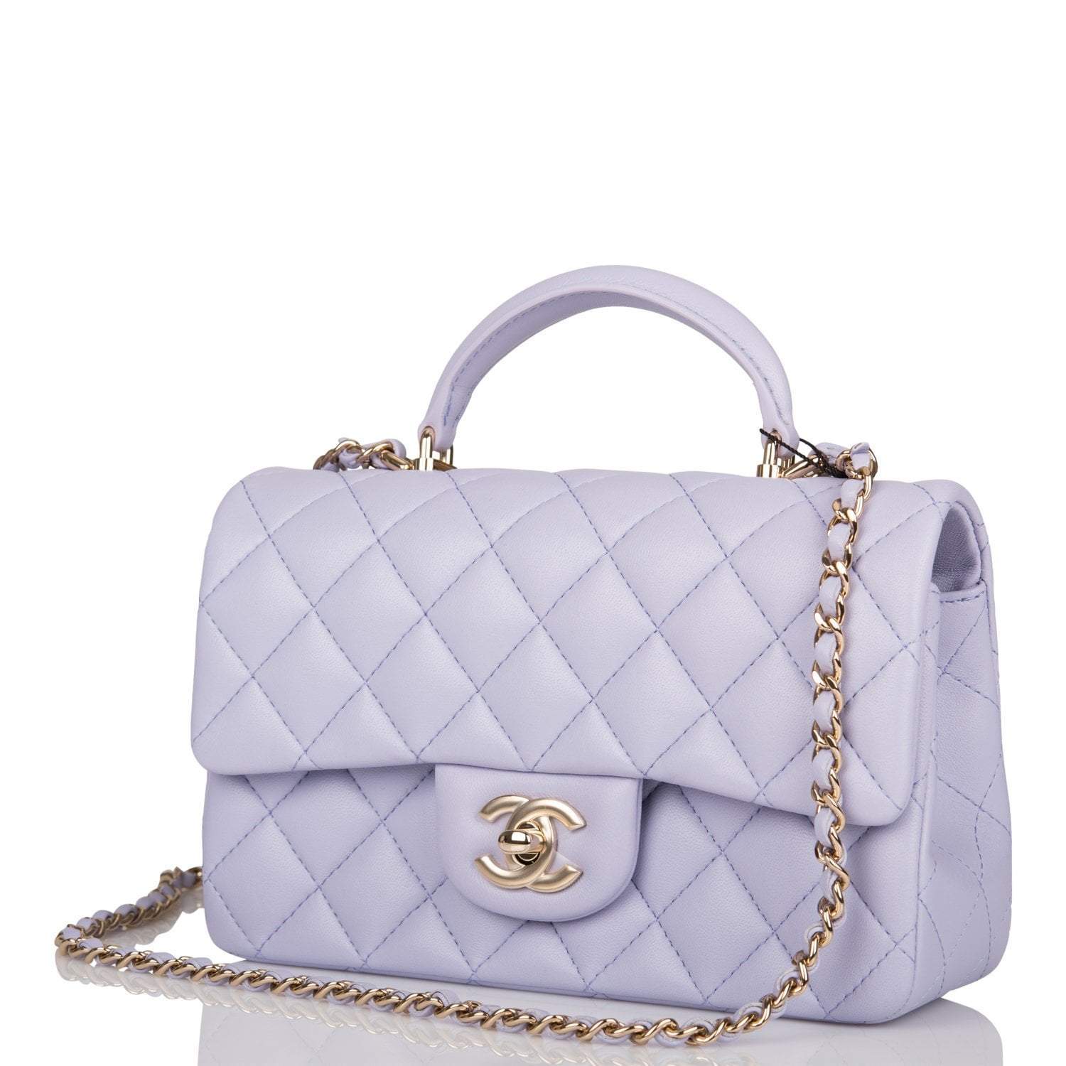 Chanel Rectangular Mini Flap Bag with Top Handle Lavender Quilted Lambskin Light Gold Hardware