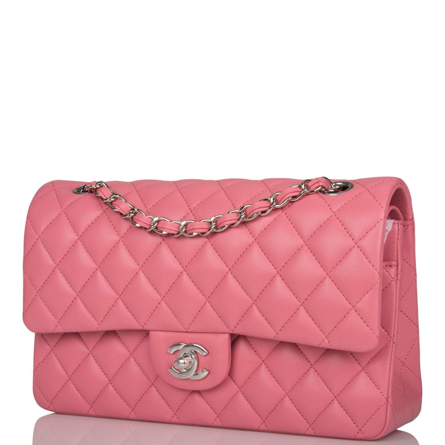 Chanel Medium Classic Double Flap Bag Rose Quilted Lambskin Silver Hardware
