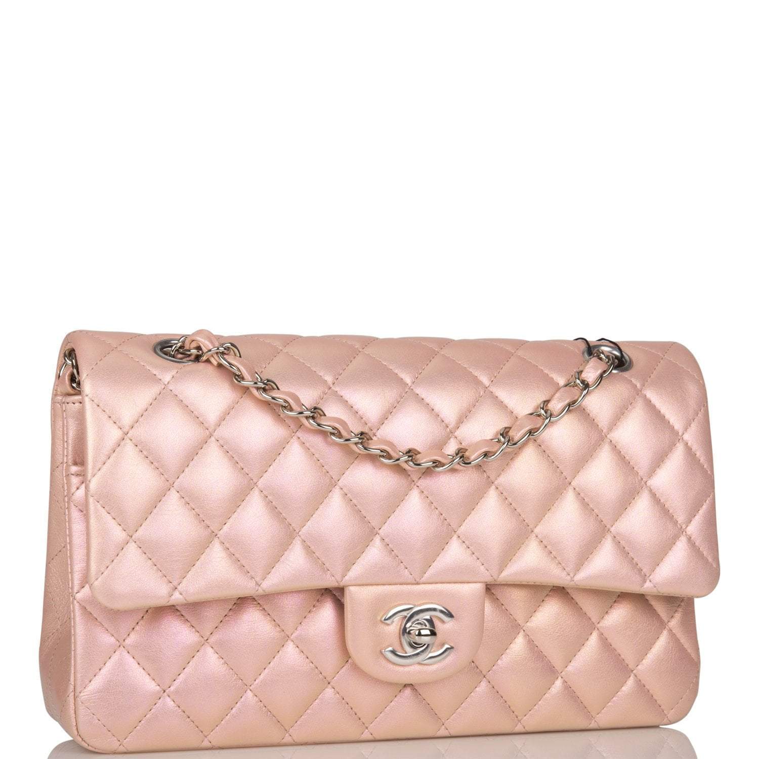 Chanel Medium Classic Double Flap Bag Pink Iridescent Lambskin Silver Hardware