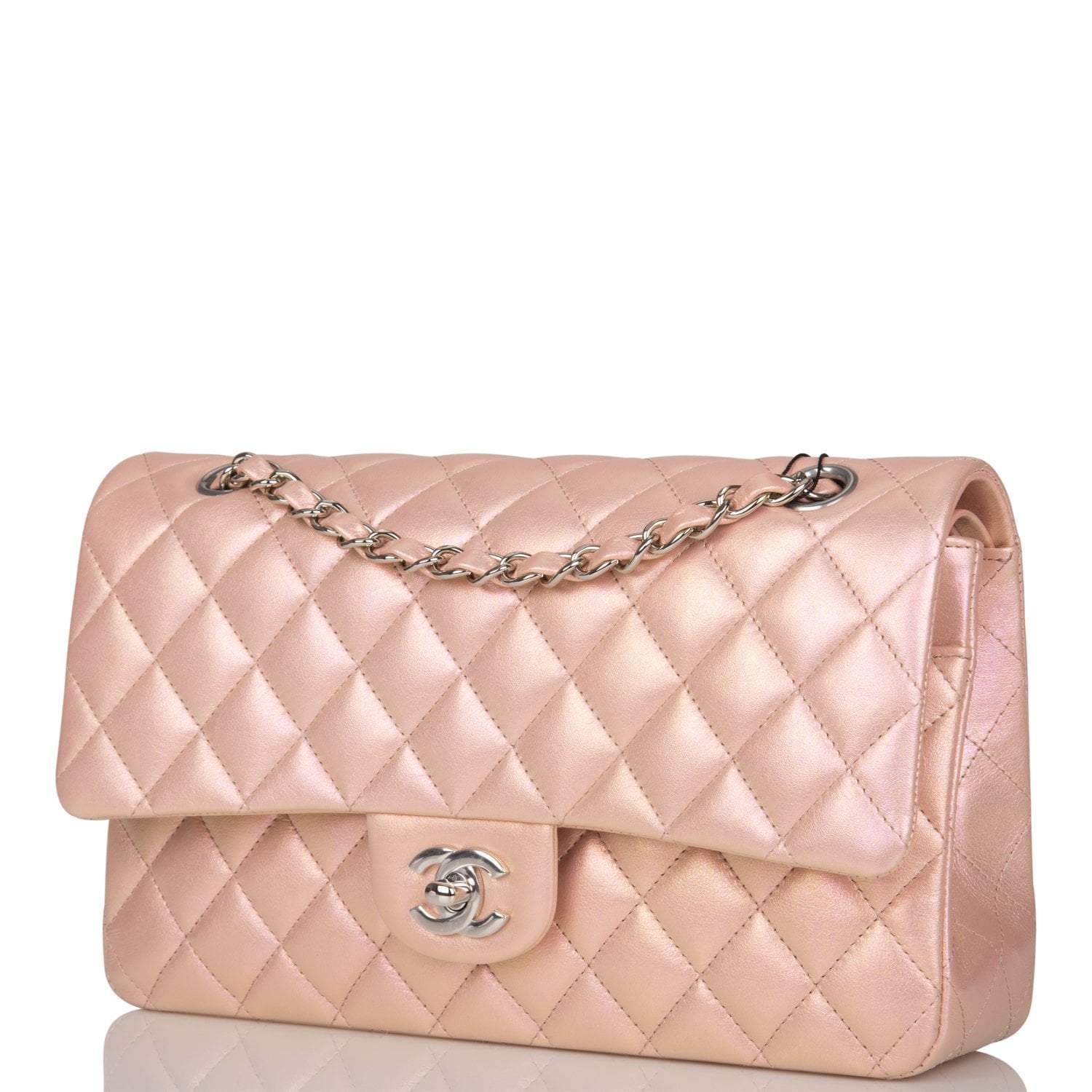 Chanel Medium Classic Double Flap Bag Pink Iridescent Lambskin Silver Hardware