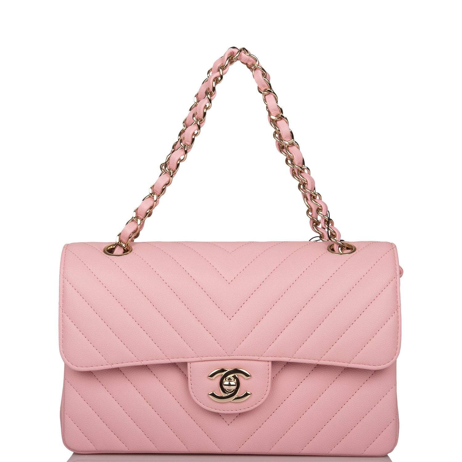 Chanel Pink Chevron Caviar Small Classic Double Flap Bag Light Gold Hardware