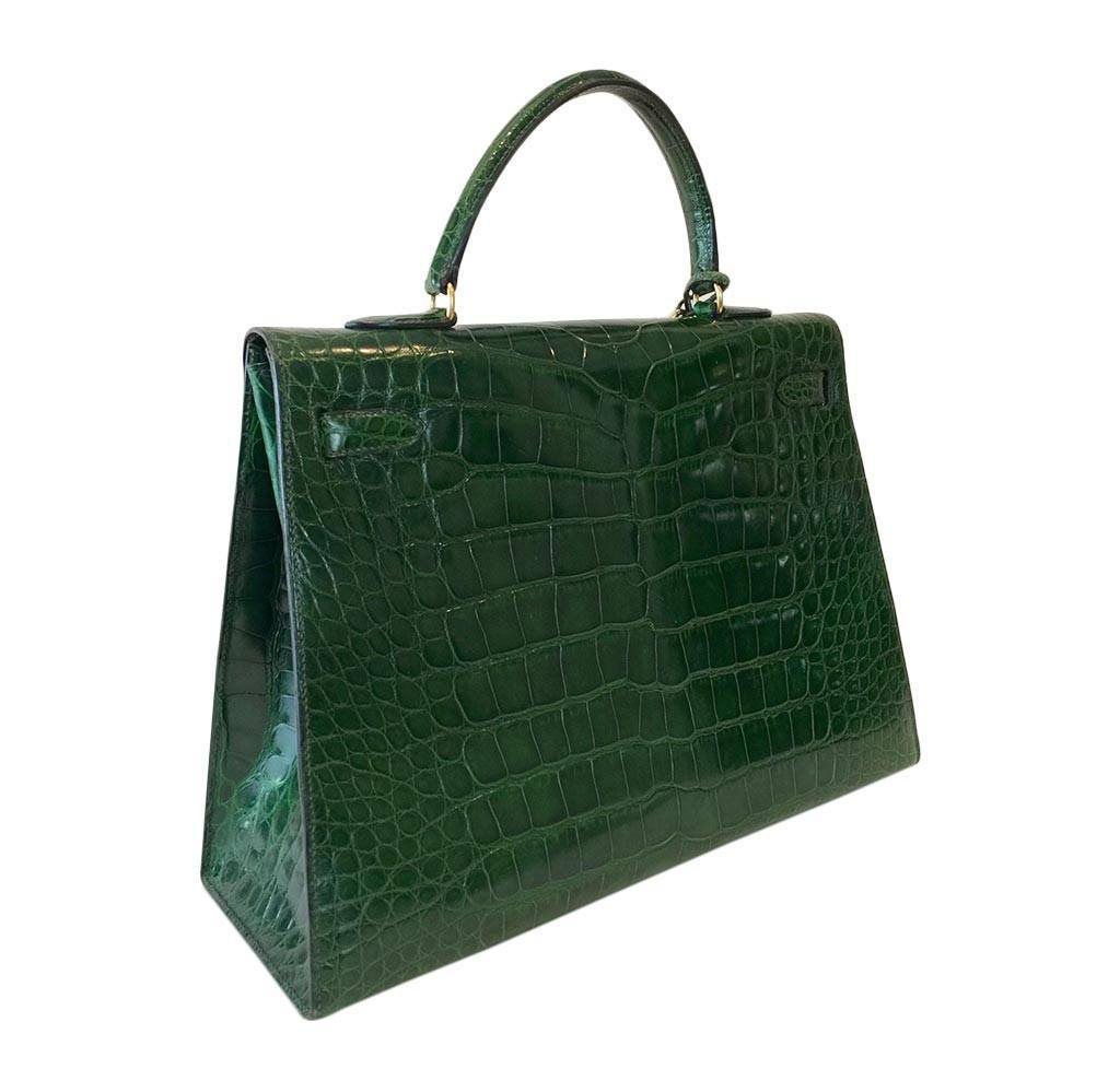Hermes Kelly Sellier 35 Vert Emerald Alligator Gold Hardware