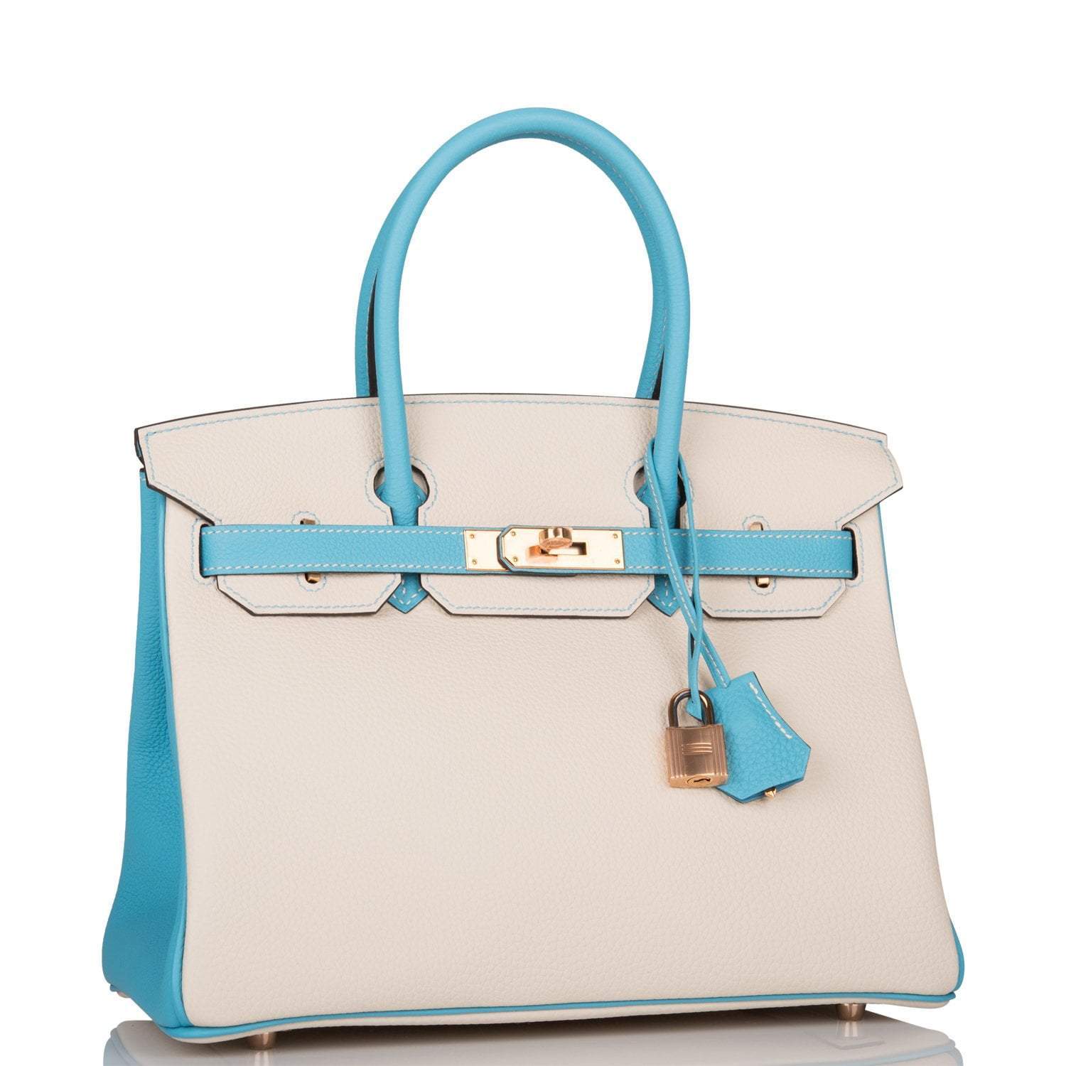 Hermes Birkin 30cm Bi-Color Craie and Bleu Atoll Togo Rose Gold Hardware