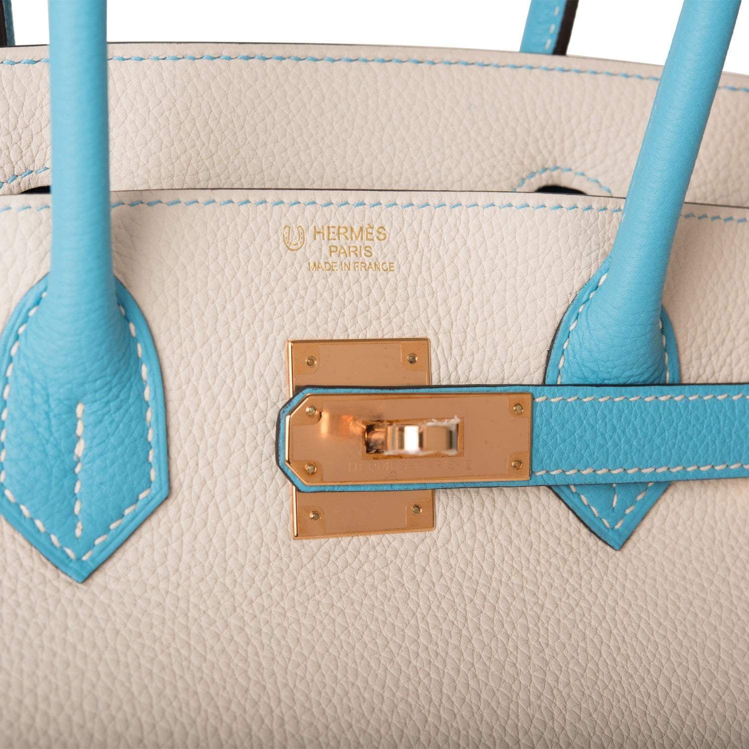 Hermes Birkin 30cm Bi-Color Craie and Bleu Atoll Togo Rose Gold Hardware