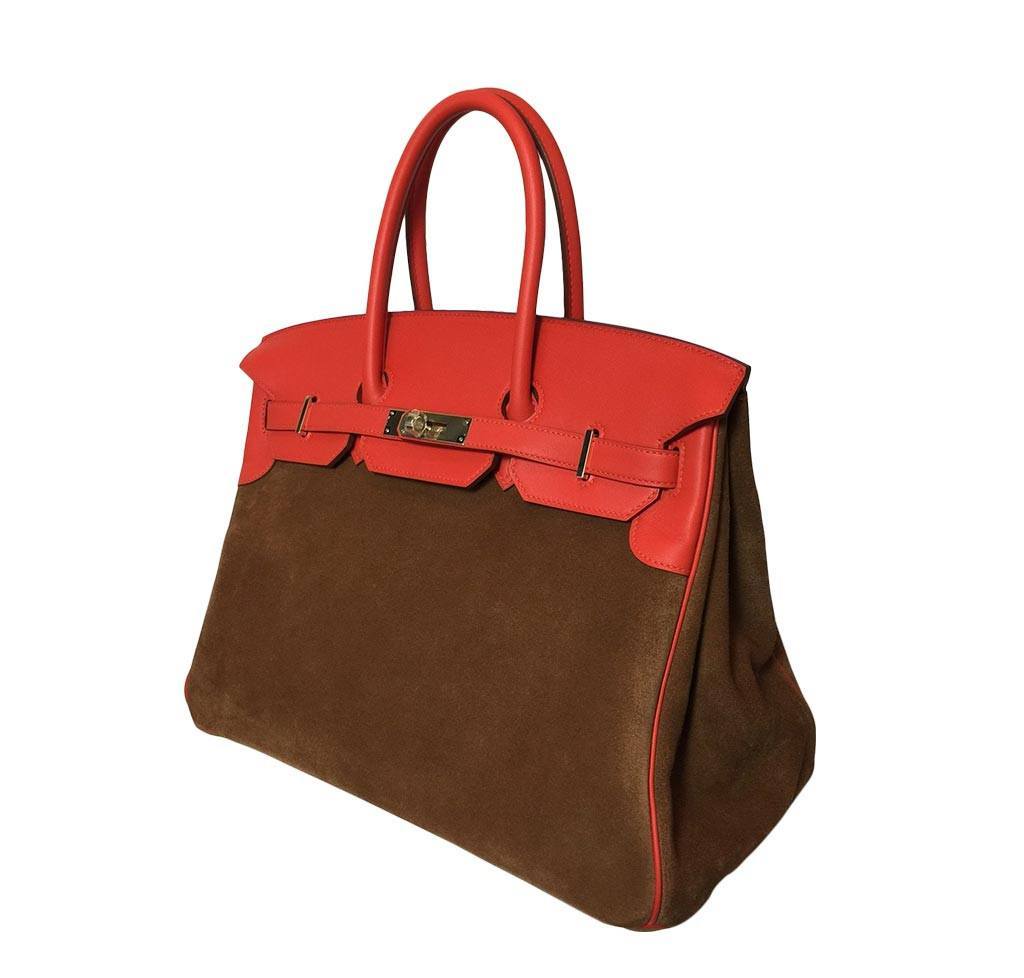 Hermes Birkin 35 Grizzly Capucine Chamois Swift Leather Suede Permabrass Hardware