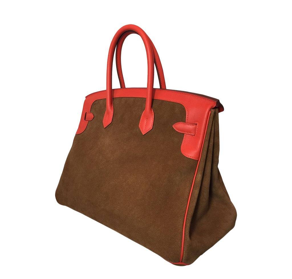 Hermes Birkin 35 Grizzly Capucine Chamois Swift Leather Suede Permabrass Hardware