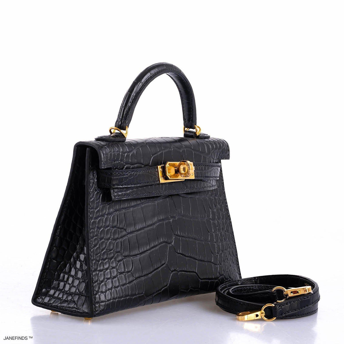 Hermes Kelly 20 Mini II Sellier Black Matte Alligator Gold Hardware