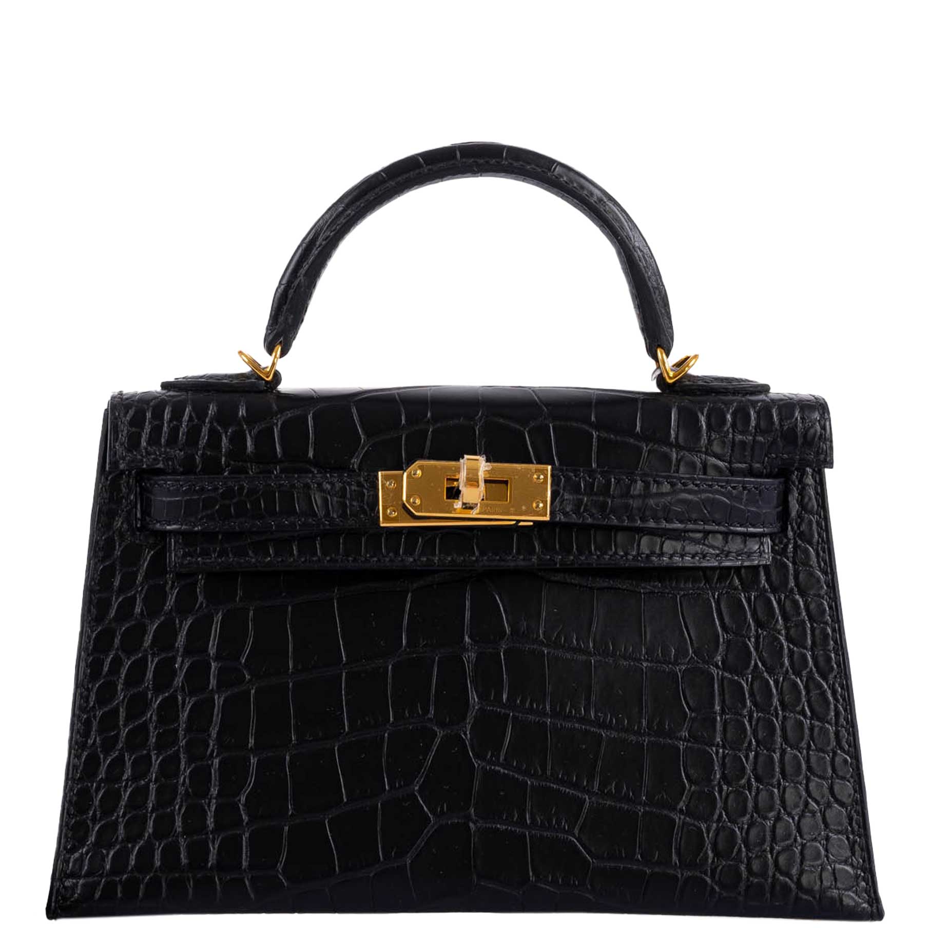 Hermes Kelly 20 Mini II Sellier Black Matte Alligator Gold Hardware