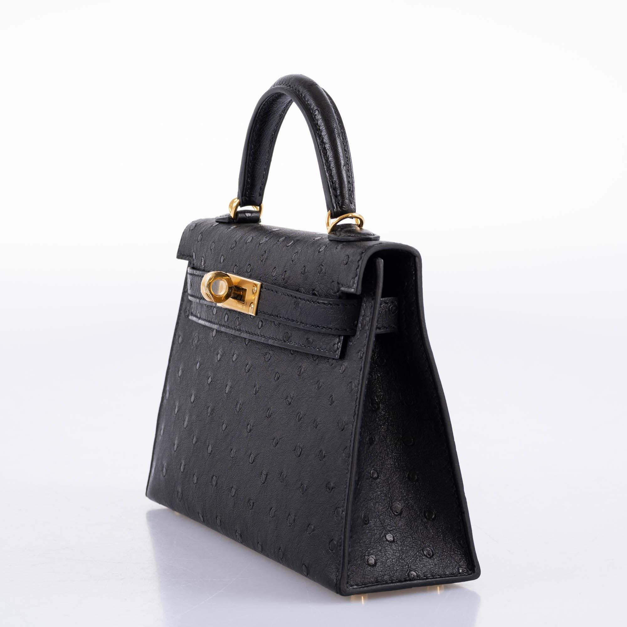 Hermes Kelly 20 Mini II Sellier Black Ostrich Gold Hardware