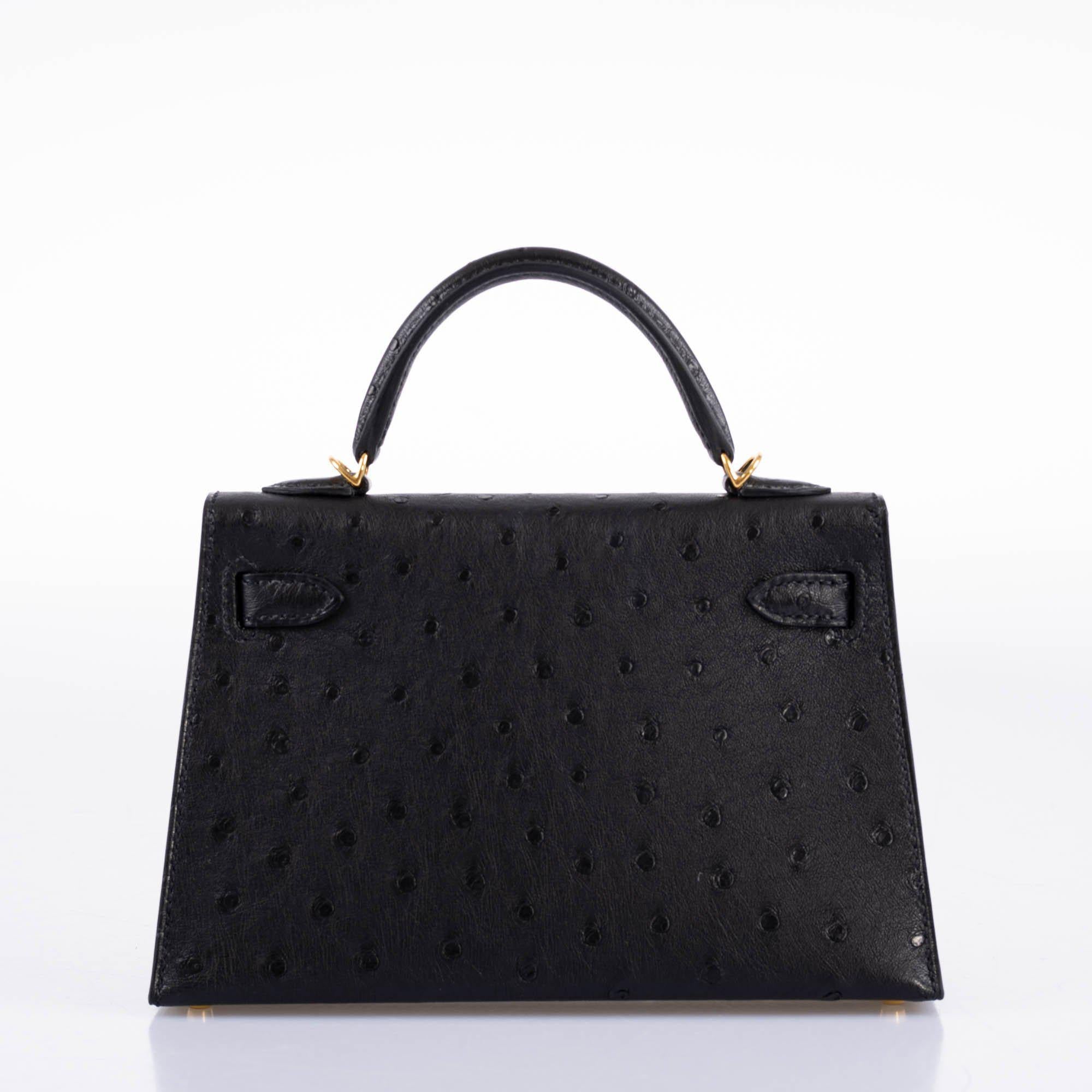 Hermes Kelly 20 Mini II Sellier Black Ostrich Gold Hardware