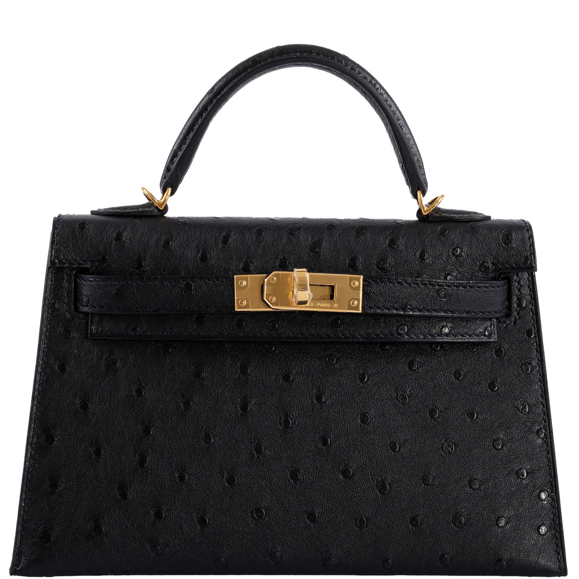 Hermes Kelly 20 Mini II Sellier Black Ostrich Gold Hardware