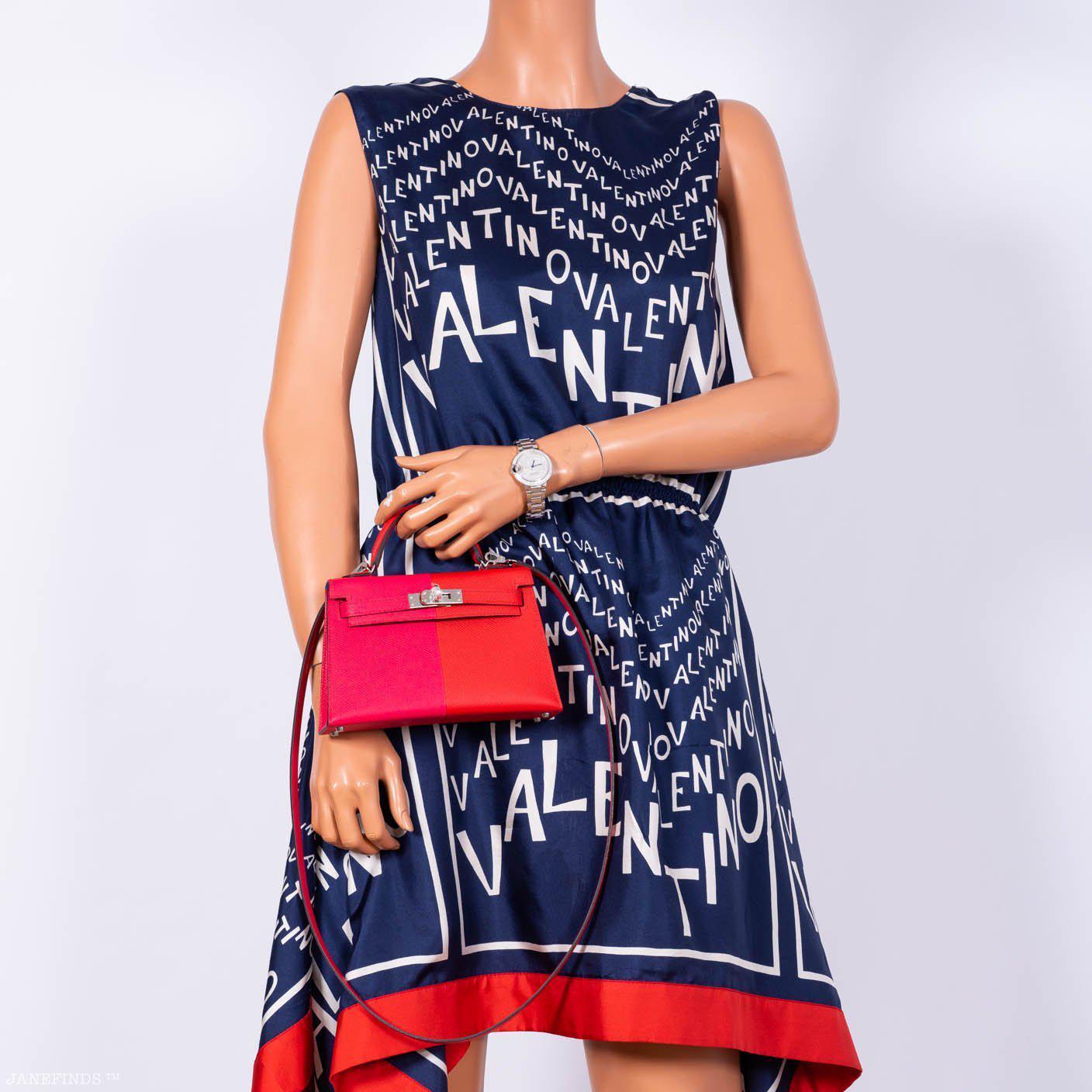 Hermes Kelly 20 Mini II Sellier Tri-color Rose Extreme, Rouge de Coeur, Bleu Zanzibar Epsom Palladium