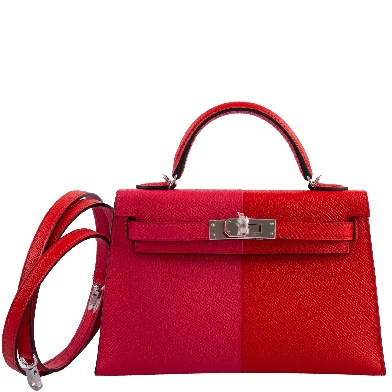Hermes Kelly 20 Mini II Sellier Tri-color Rose Extreme, Rouge de Coeur, Bleu Zanzibar Epsom Palladium