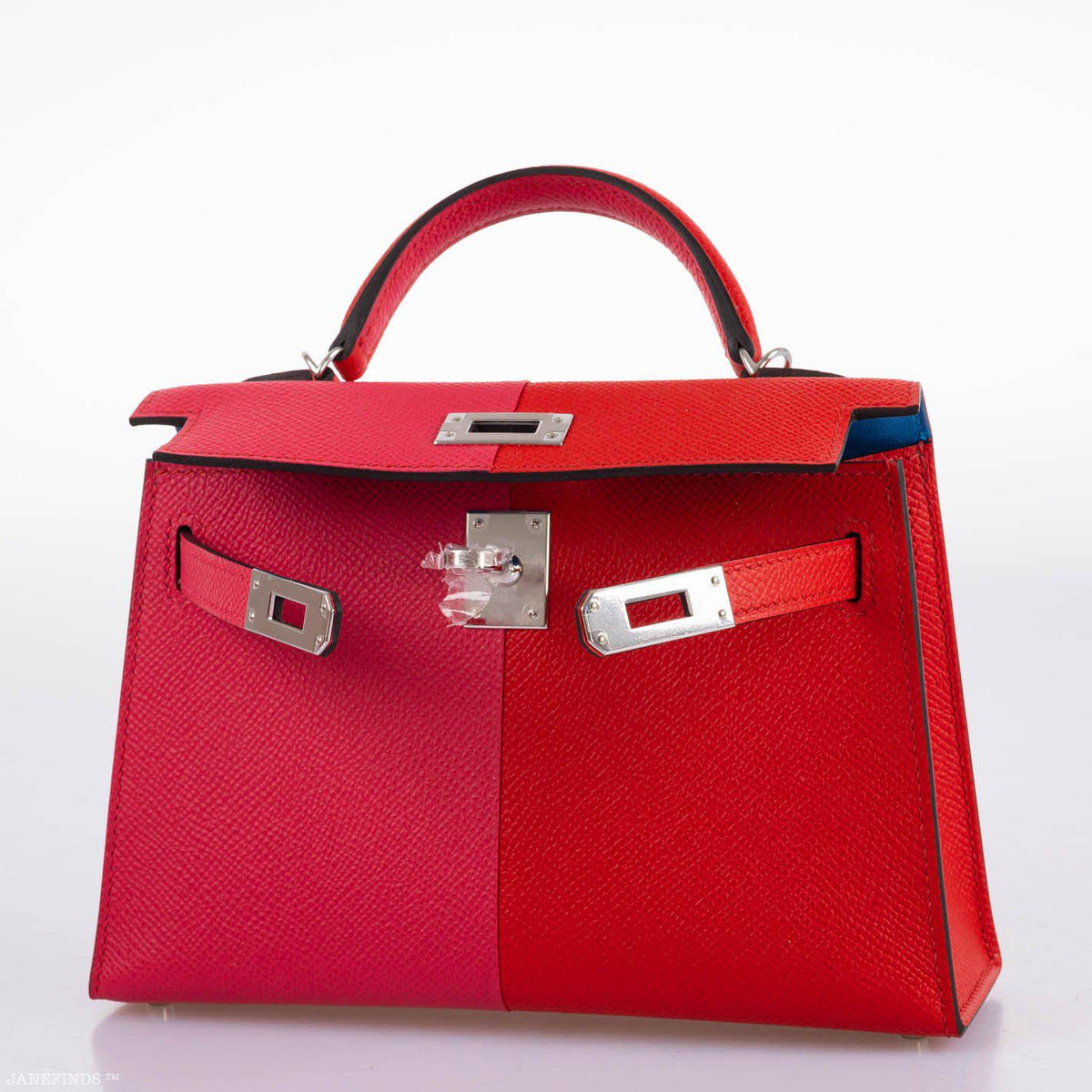 Hermes Kelly 20 Mini II Sellier Tri-color Rose Extreme, Rouge de Coeur, Bleu Zanzibar Epsom Palladium