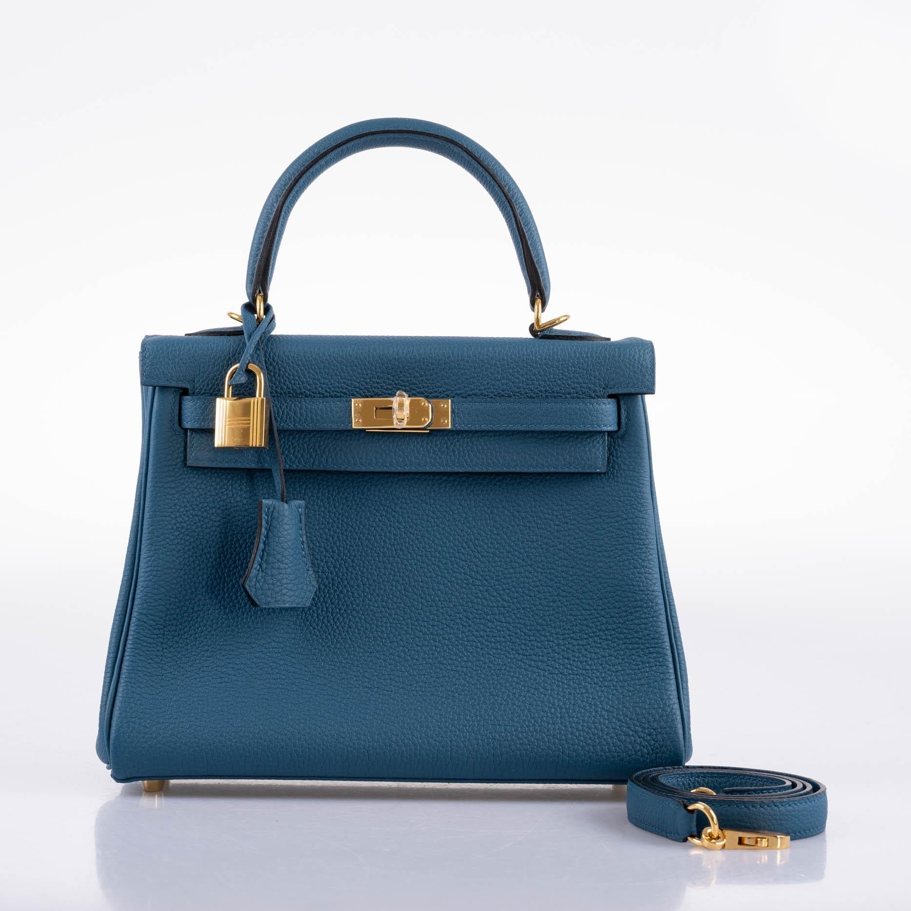 Hermes Kelly 25 Retourne Blue Colvert Togo Gold Hardware