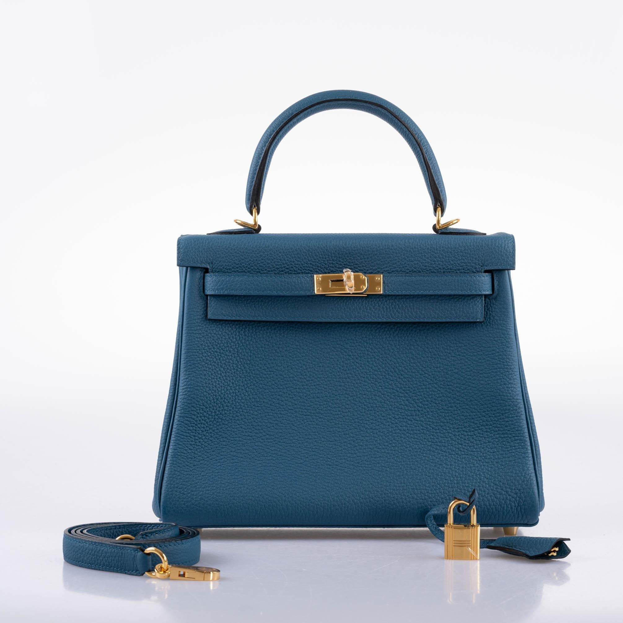 Hermes Kelly 25 Retourne Blue Colvert Togo Gold Hardware