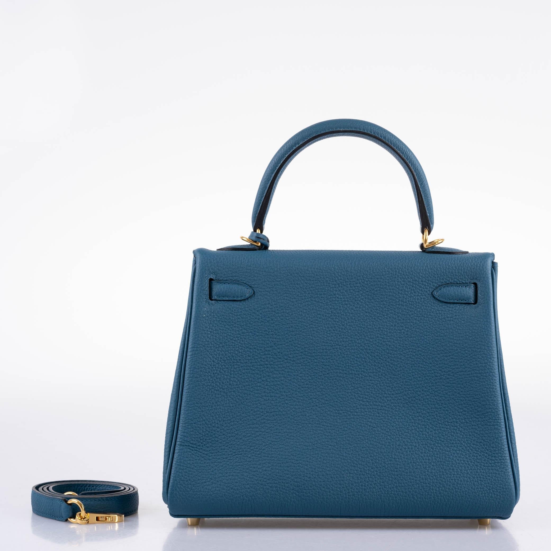 Hermes Kelly 25 Retourne Blue Colvert Togo Gold Hardware