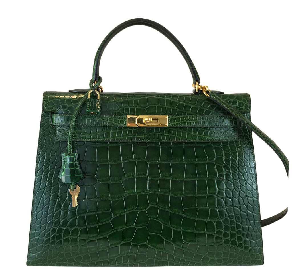 Hermes Kelly Sellier 35 Vert Emerald Alligator Gold Hardware