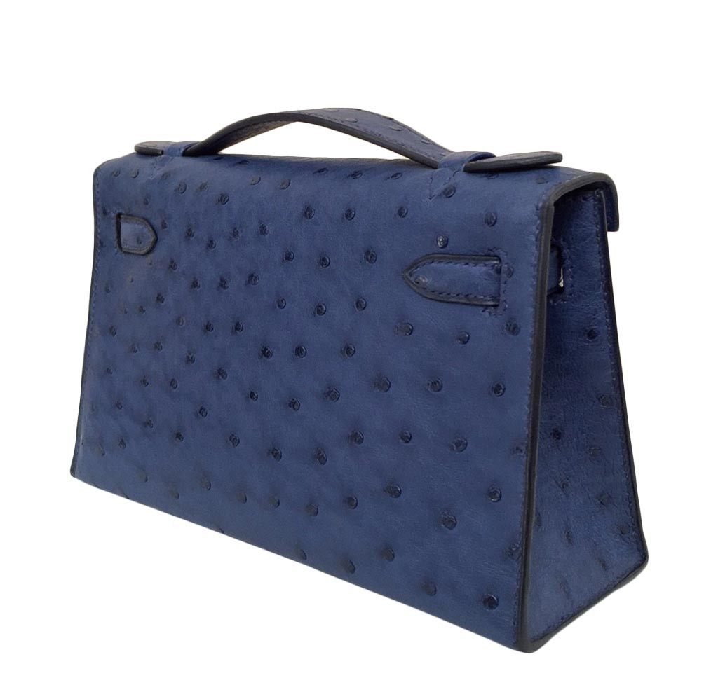 Hermes Kelly Pochette Mini Sapphire Blue Ostrich Palladium Hardware