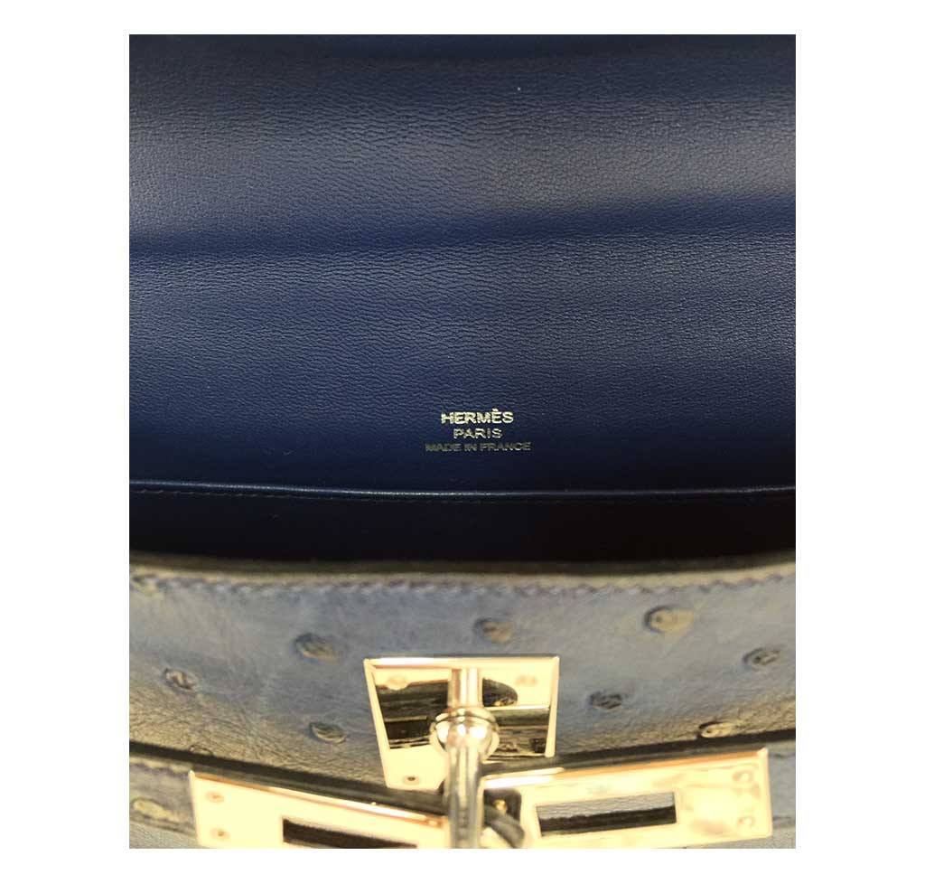 Hermes Kelly Pochette Mini Sapphire Blue Ostrich Palladium Hardware