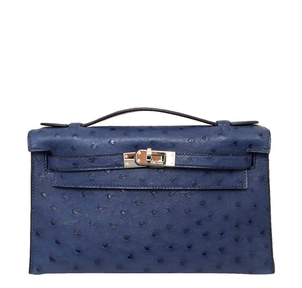Hermes Kelly Pochette Mini Sapphire Blue Ostrich Palladium Hardware