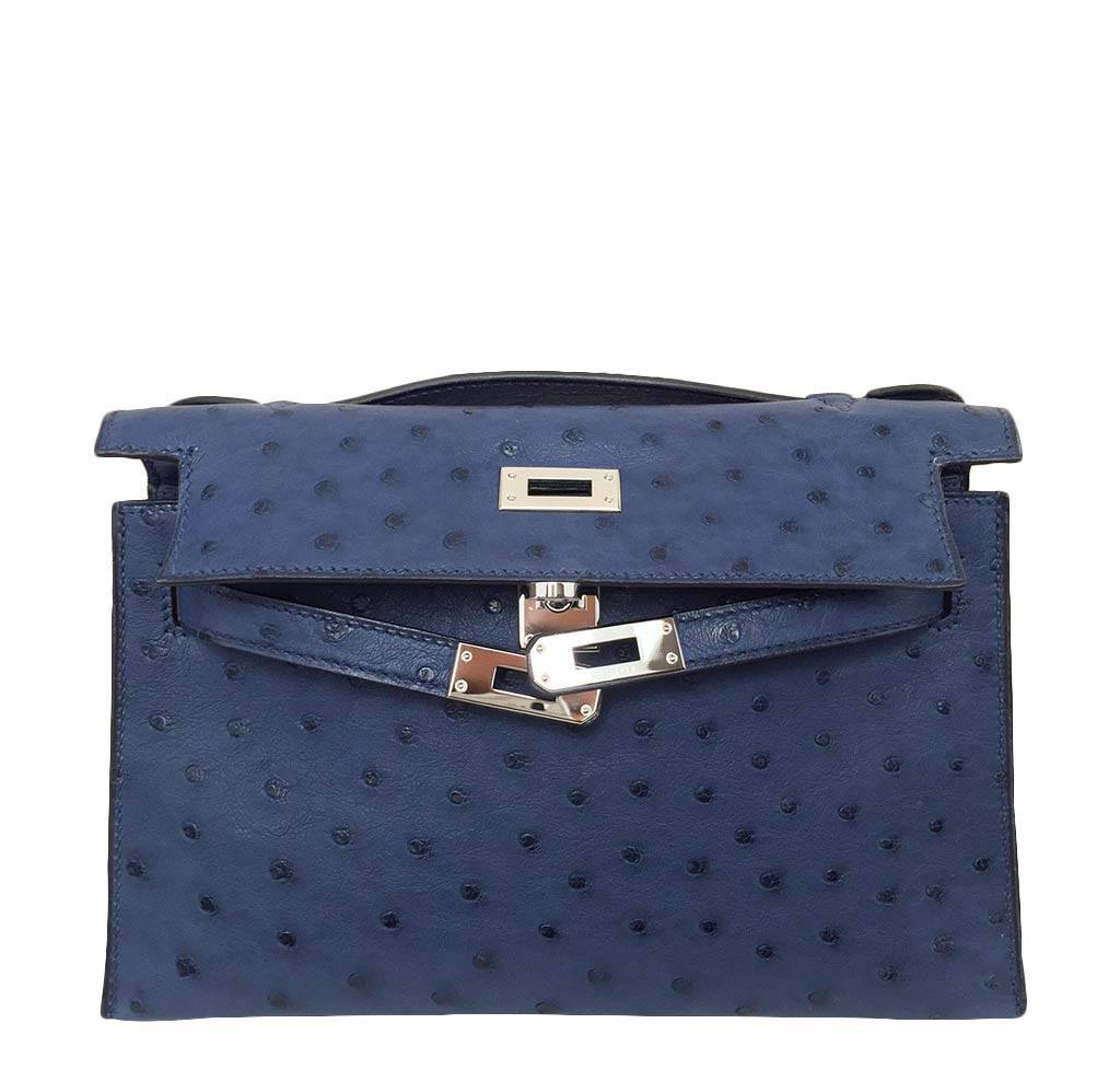 Hermes Kelly Pochette Mini Sapphire Blue Ostrich Palladium Hardware