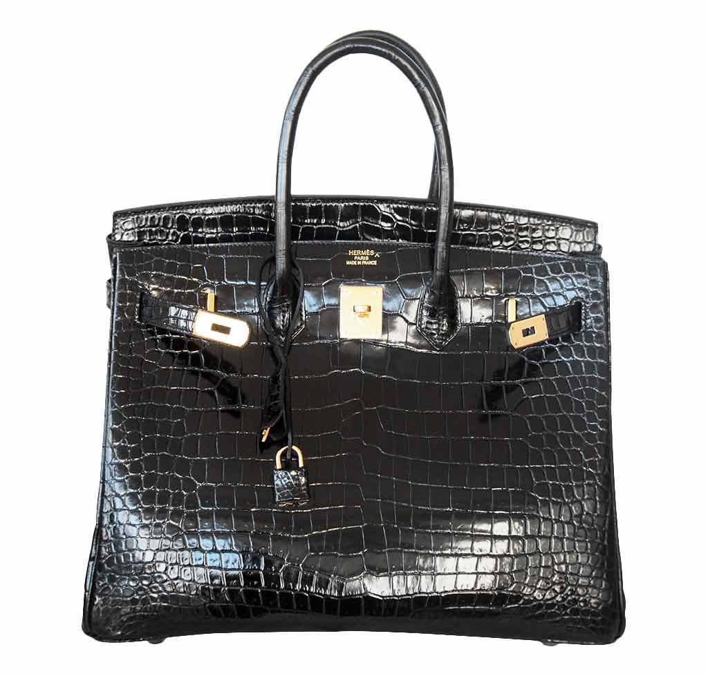 Hermes Birkin 35 Black Shiny Porosus Crocodile Gold Hardware