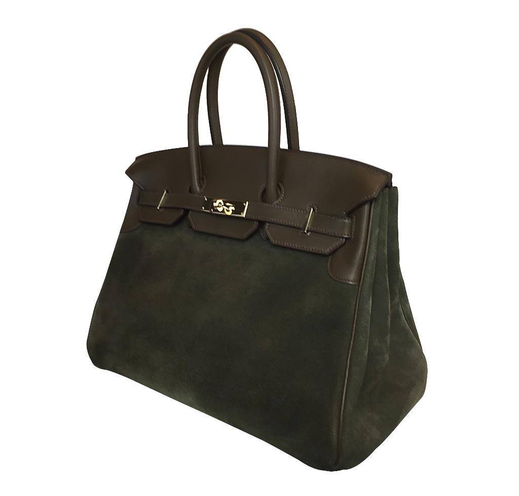 Hermes Birkin 35 Grizzly Vert De Gris Veau Swift Leather Suede Permabrass Hardware