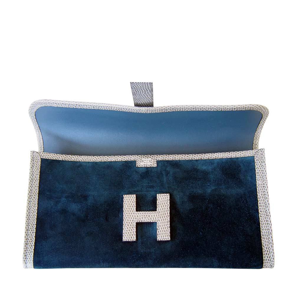 Hermes Jige 29 Blue Ocean Gris Fonce Suede Lizard Clutch