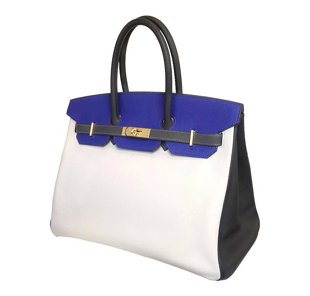 Hermes Birkin 35 HSS Blue Electric White Graphite Epsom Leather Brushed Gold Hardware