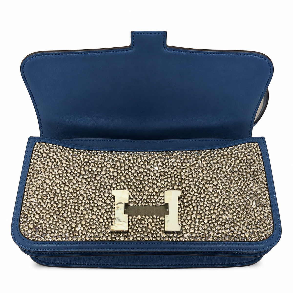 Hermes Constance Elan Bleu de Galice Swift Leather Swarovski Crystal Palladium Hardware