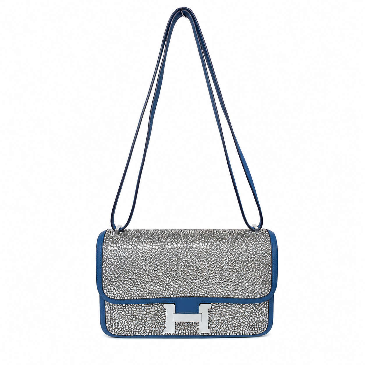 Hermes Constance Elan Bleu de Galice Swift Leather Swarovski Crystal Palladium Hardware