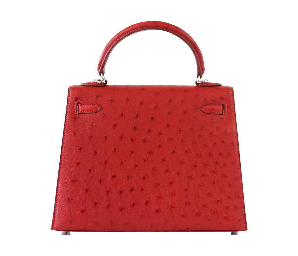 Hermes Kelly Sellier 25 Rouge Vif Ostrich Palladium Hardware