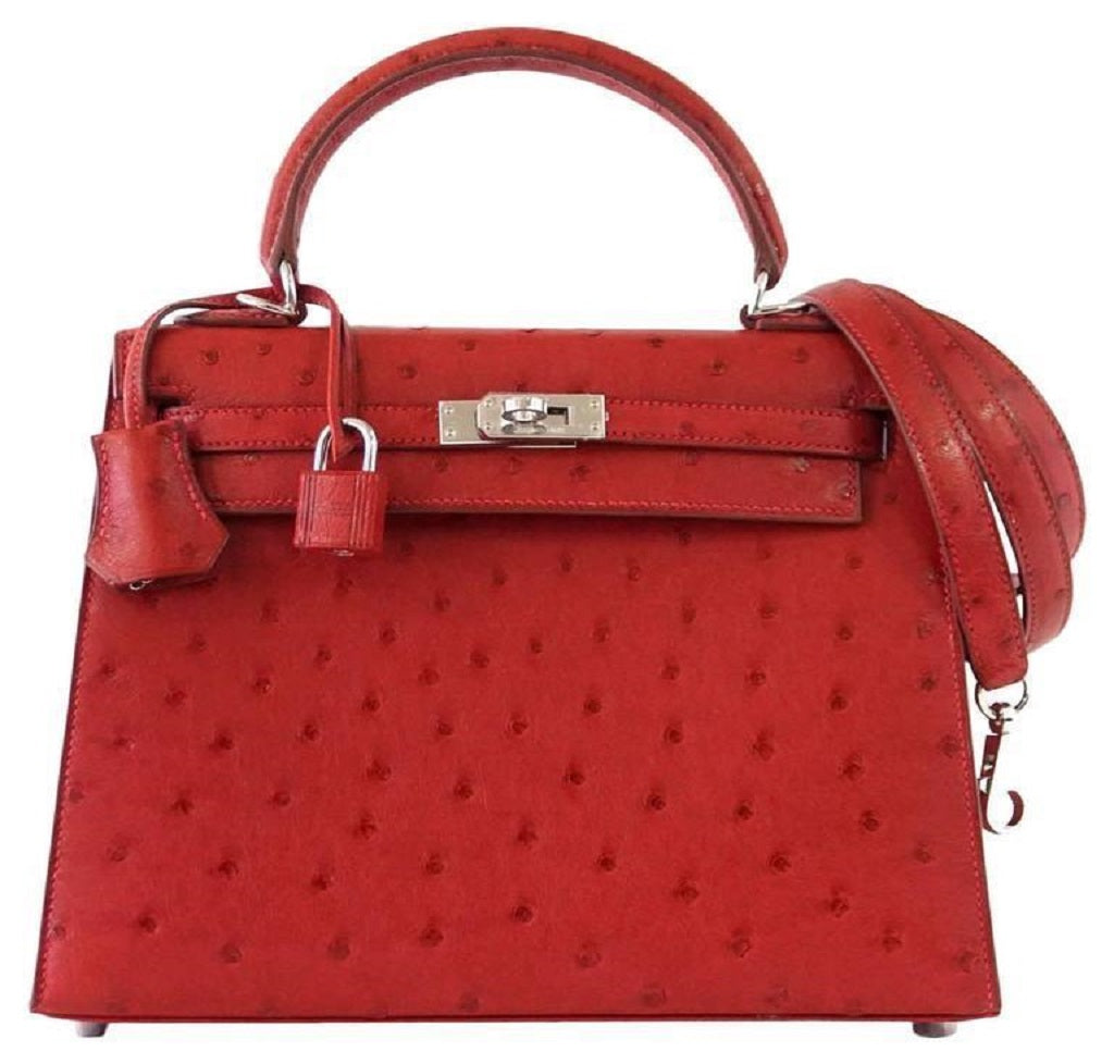 Hermes Kelly Sellier 25 Rouge Vif Ostrich Palladium Hardware