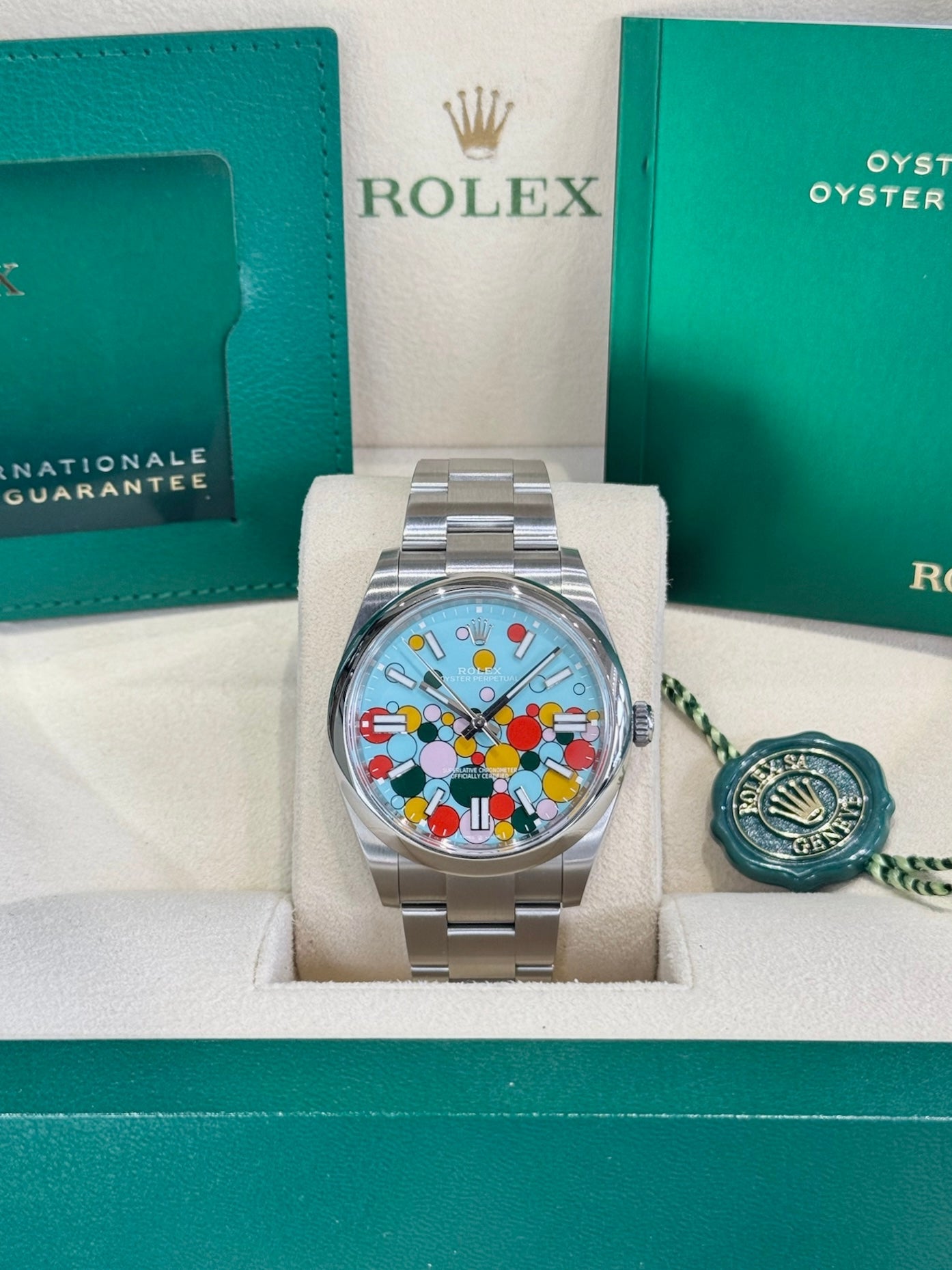 Rolex Oyster Perpetual 41 124300 Turquoise Celebration Dial Watch
