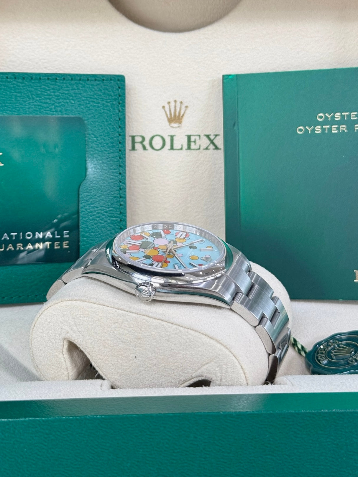 Rolex Oyster Perpetual 41 124300 Turquoise Celebration Dial Watch