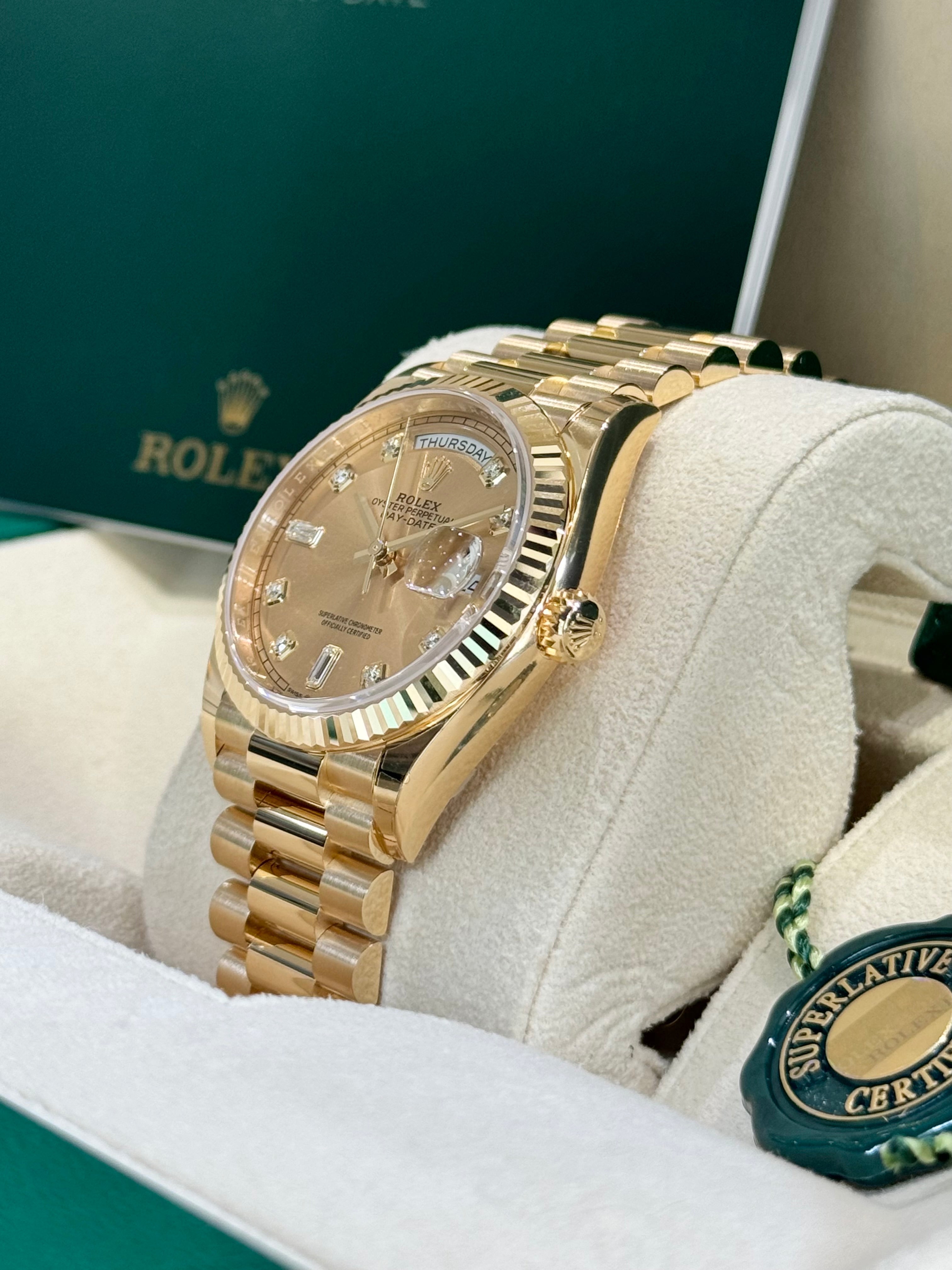Rolex Day-Date 36 128238 Champagne Diamond Dial Watch
