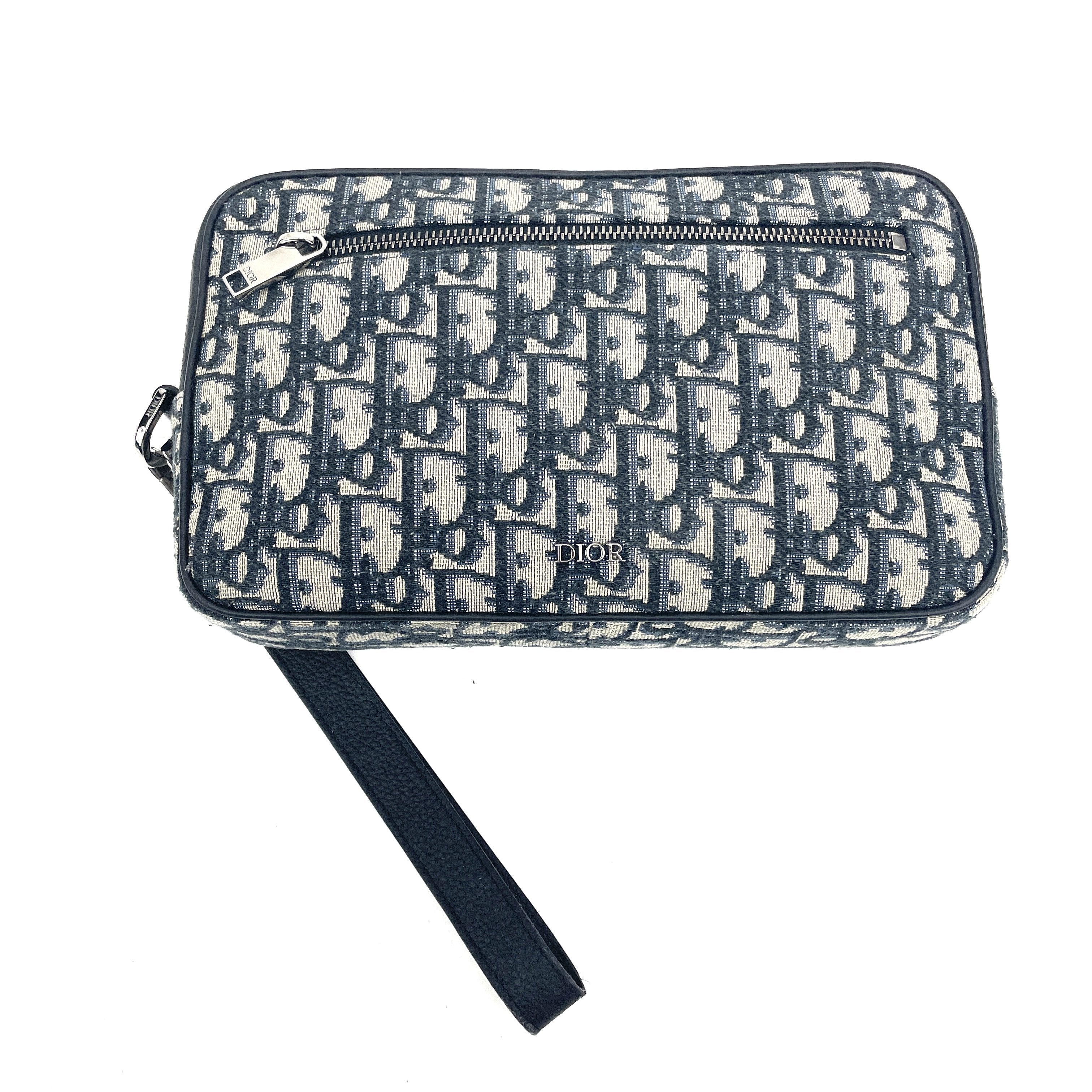 Christian Dior Oblique Toiletry Bag Beige Black Jacquard Removable Strap