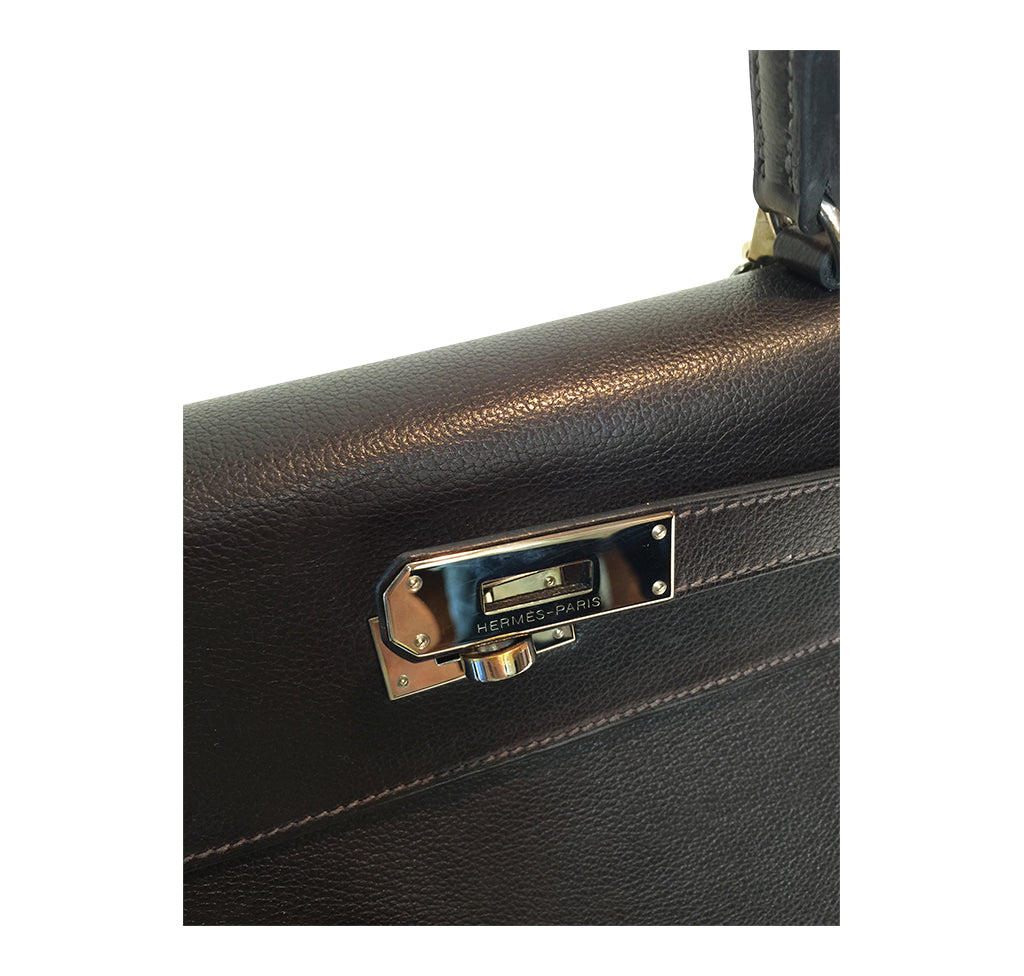 Hermes Kelly 35 Ebene Evergrain Calfskin Palladium Hardware